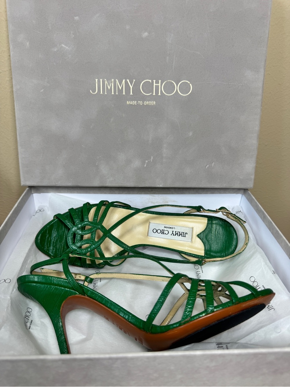 Jimmy Choo Emerald Green Strappy Leather High Heels